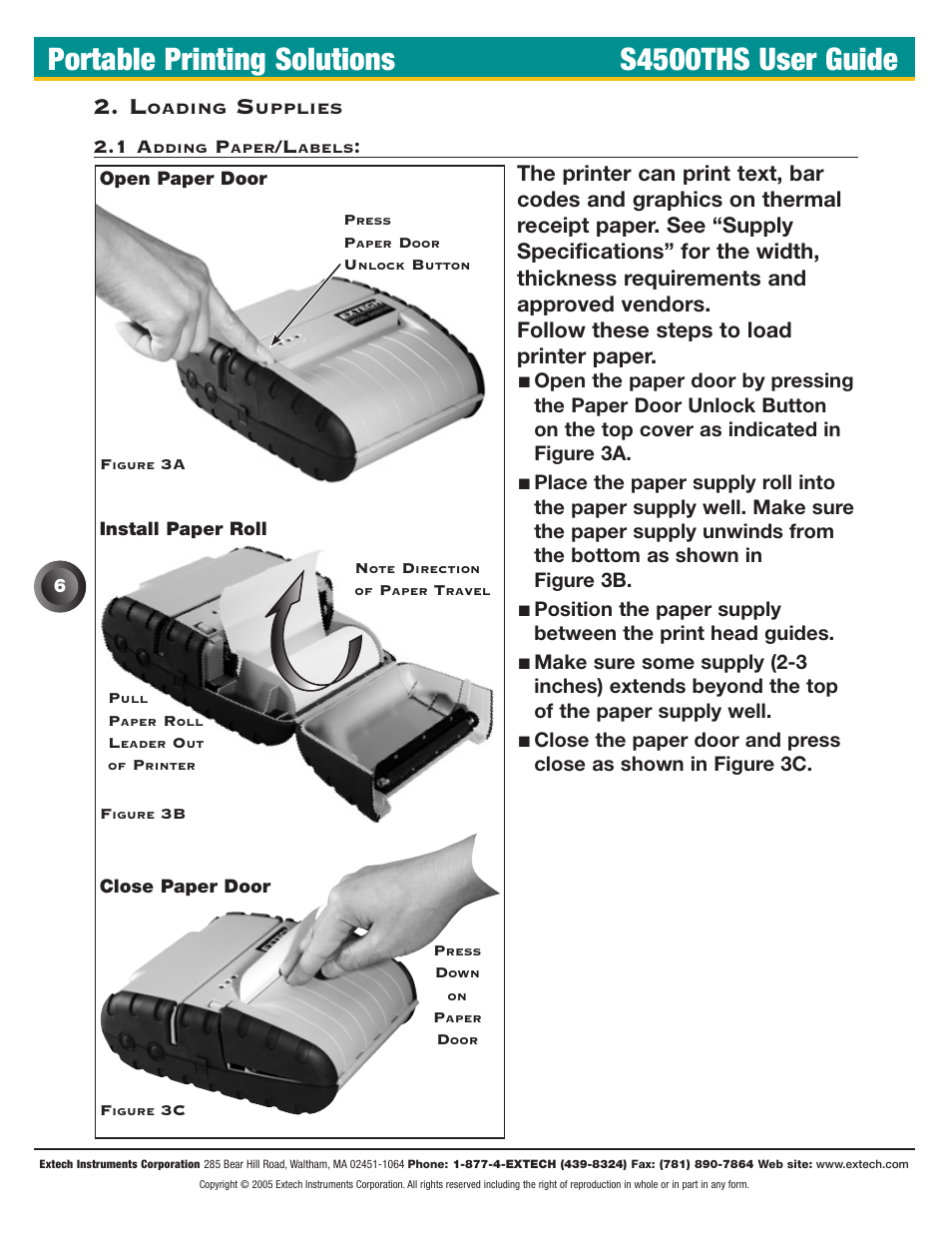 1 adding paper/labels, Portable printing solutions s4500ths user guide | Extech Instruments S4500THS User Manual | Page 10 / 24