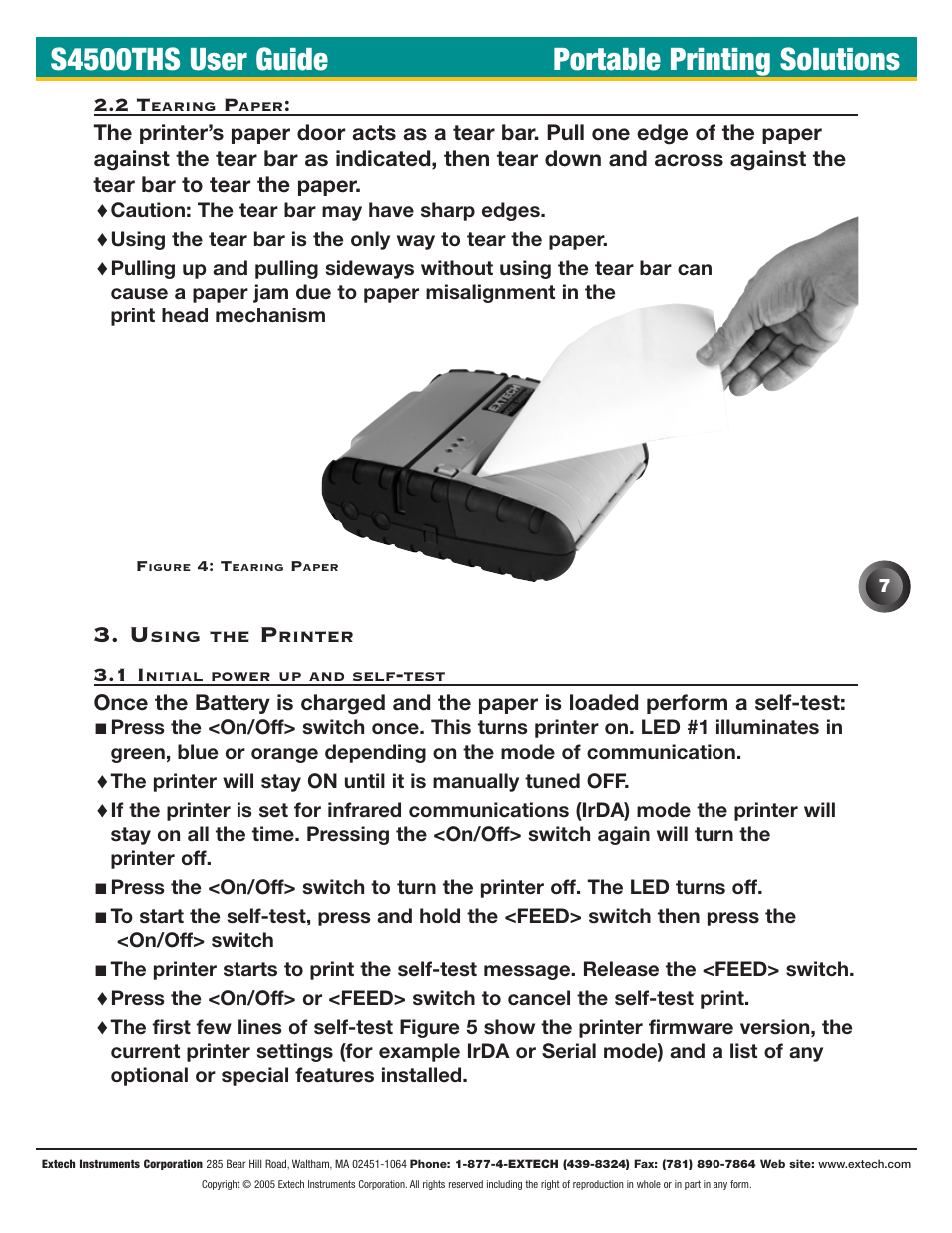 2 tearing paper, 1 initial power up and self-test, S4500ths user guide portable printing solutions | Extech Instruments S4500THS User Manual | Page 11 / 24