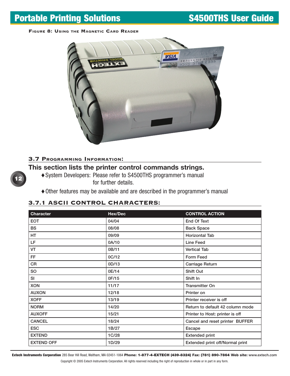 7 programming information, Portable printing solutions s4500ths user guide, 1 ascii control characters | Extech Instruments S4500THS User Manual | Page 16 / 24