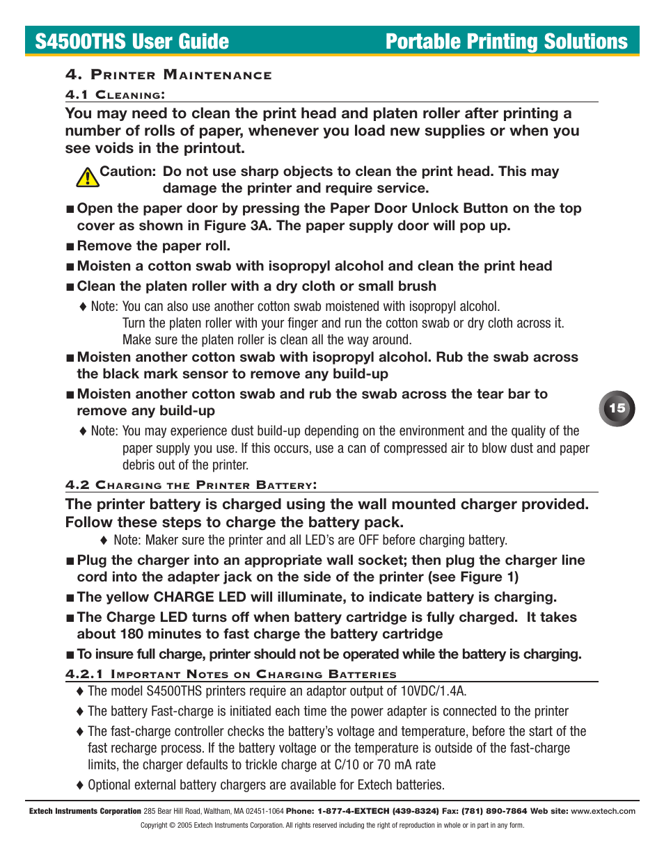 1 cleaning: 4.2 charging the printer battery, S4500ths user guide portable printing solutions | Extech Instruments S4500THS User Manual | Page 19 / 24