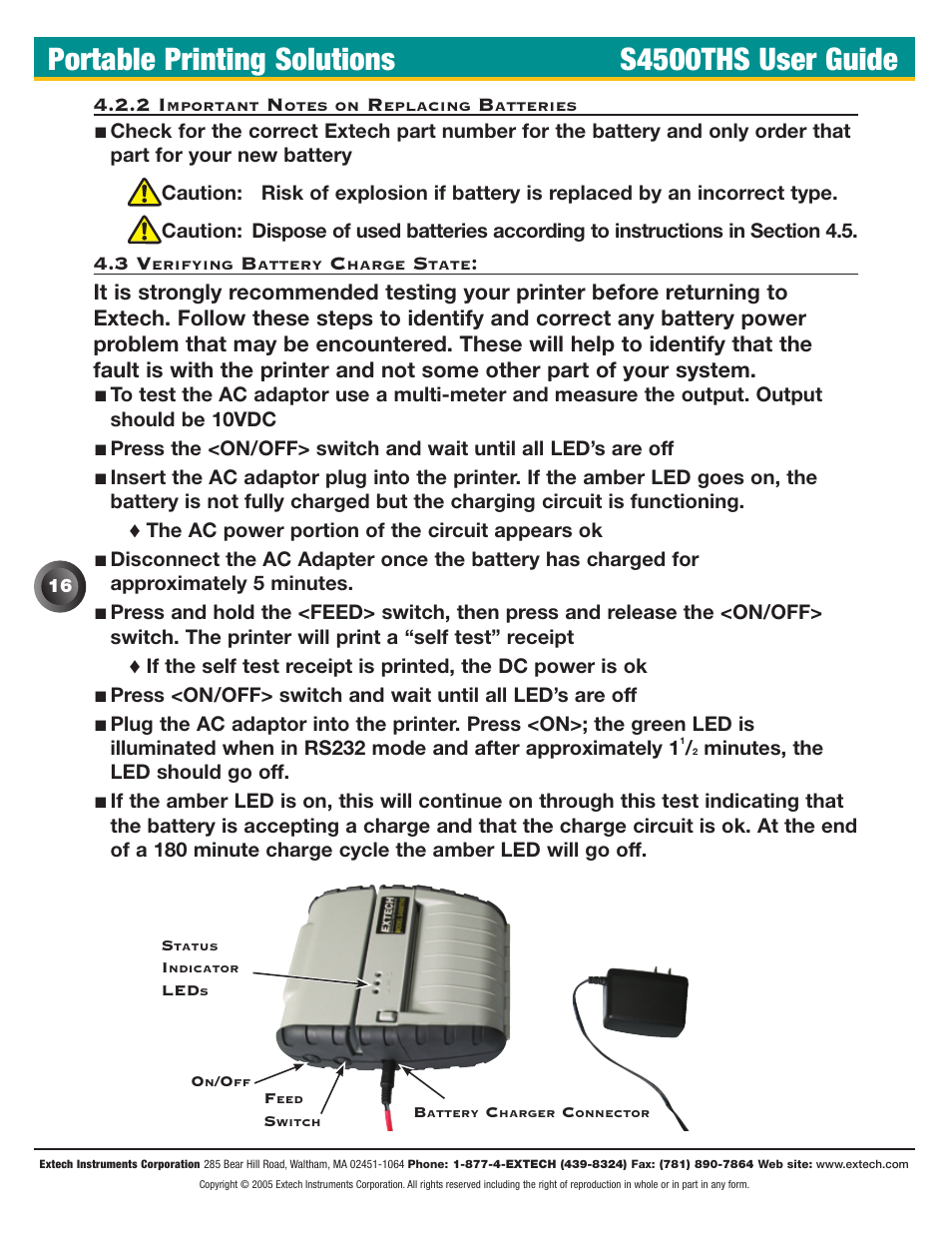 3 verifying battery charge state, Portable printing solutions s4500ths user guide | Extech Instruments S4500THS User Manual | Page 20 / 24