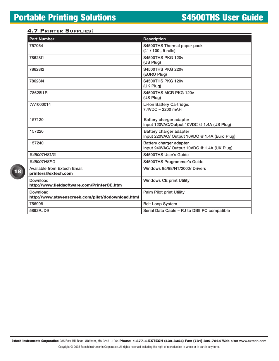 7 printer supplies, Portable printing solutions s4500ths user guide | Extech Instruments S4500THS User Manual | Page 22 / 24