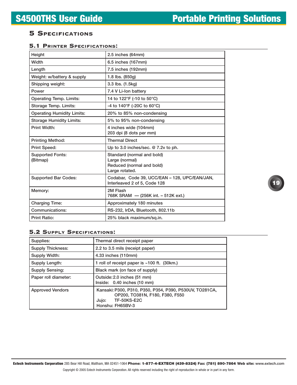 S4500ths user guide portable printing solutions, Pecifications | Extech Instruments S4500THS User Manual | Page 23 / 24