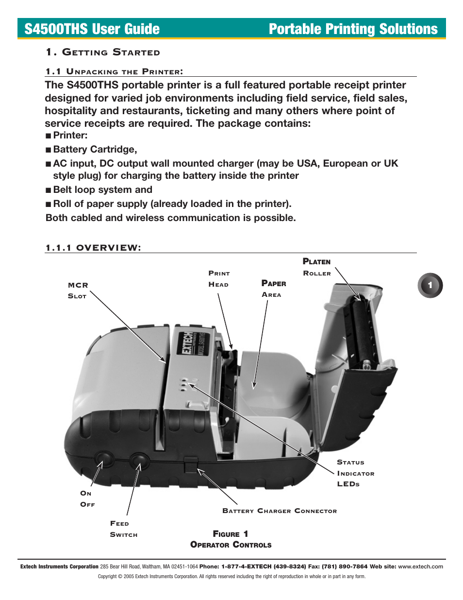 1 unpacking the printer, S4500ths user guide portable printing solutions, 1 overview | Extech Instruments S4500THS User Manual | Page 5 / 24