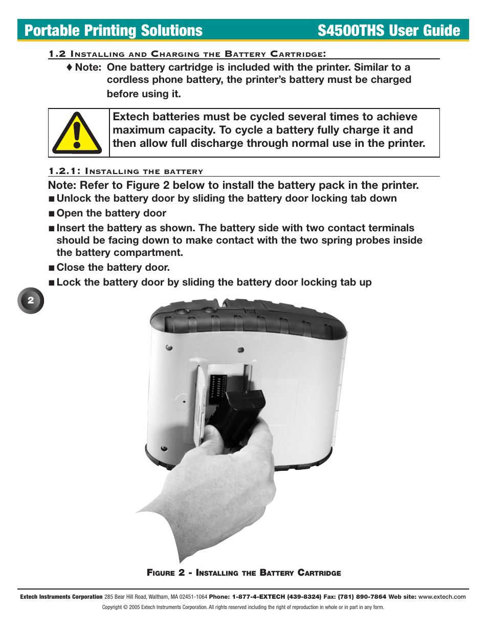 2 installing and charging the battery cartridge, Portable printing solutions s4500ths user guide | Extech Instruments S4500THS User Manual | Page 6 / 24
