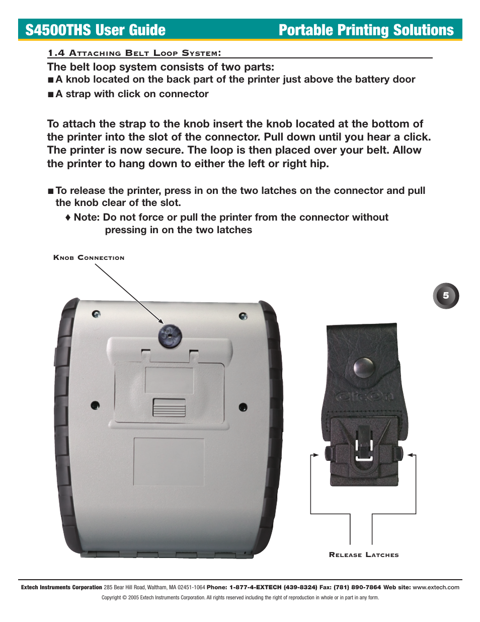 4 attaching belt loop system, S4500ths user guide portable printing solutions | Extech Instruments S4500THS User Manual | Page 9 / 24