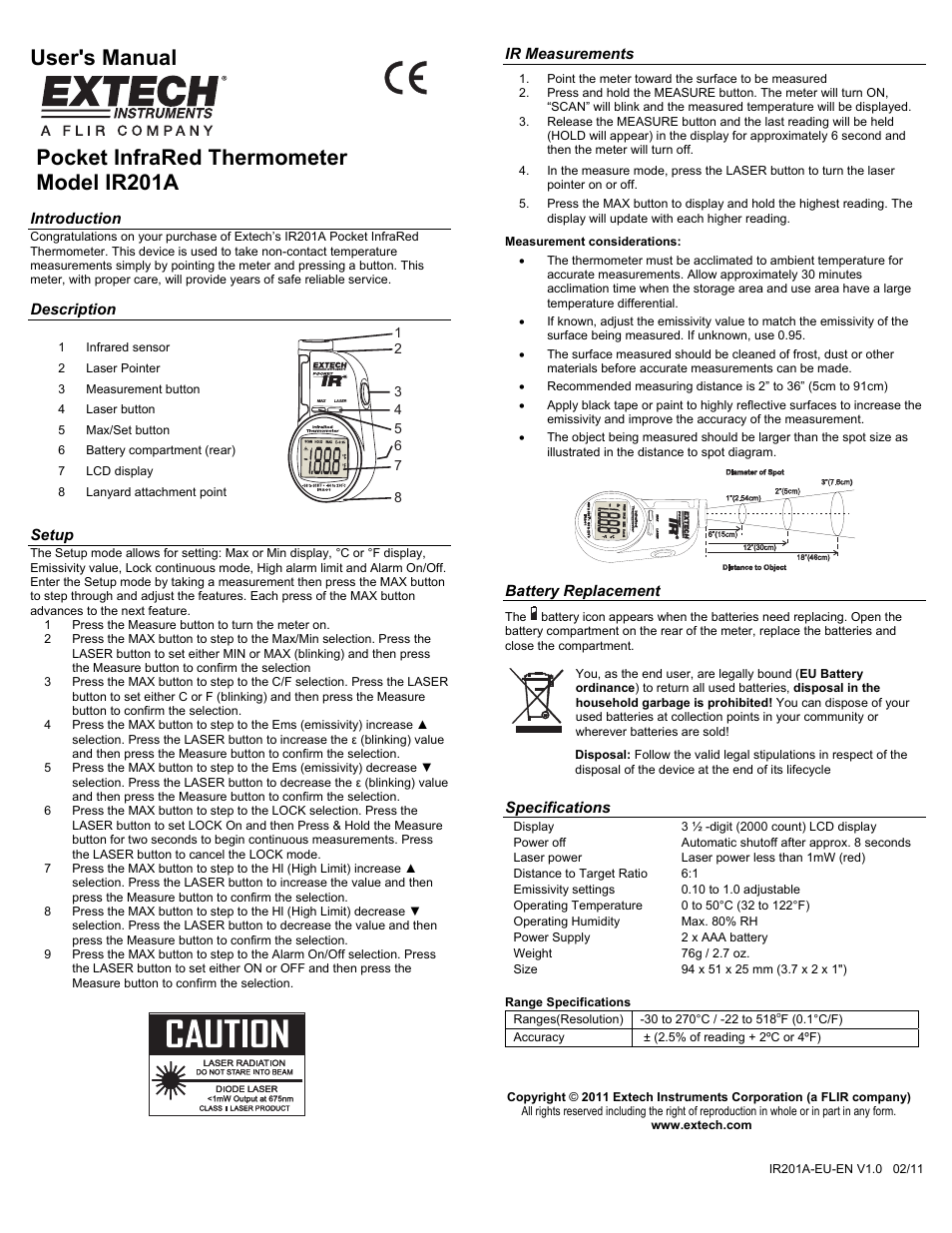 Extech Instruments POCKET INFRARED IR201A User Manual | 1 page