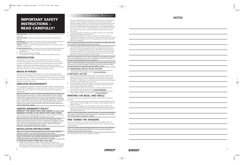 Important safety instructions – read carefully | Energy Speaker Systems EAS-8C User Manual | Page 2 / 7