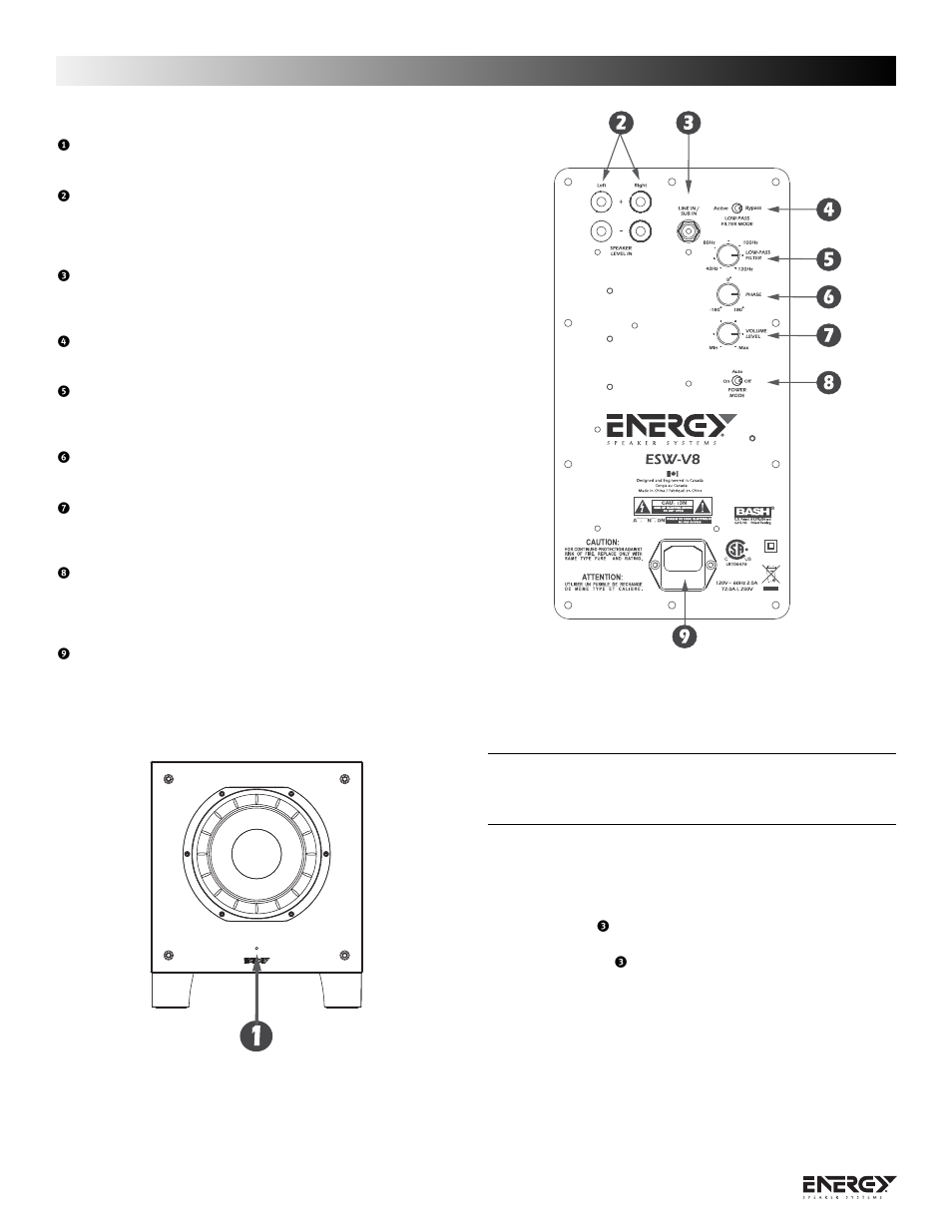 Terminologia e comandi, Collegamento del subwoofer energy | Energy Speaker Systems ESW-V Series User Manual | Page 12 / 32