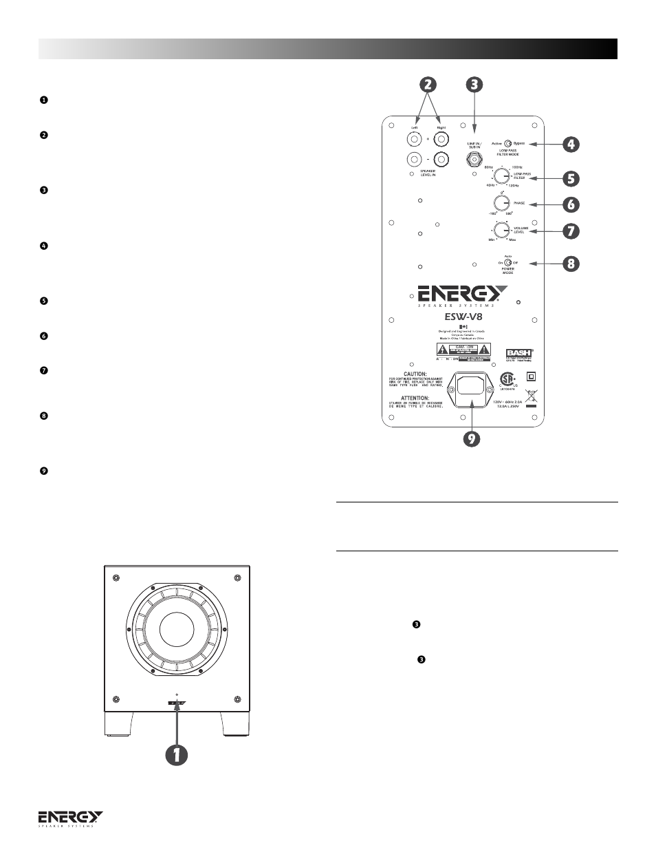 Merkmale und regelungen, Anschluss des energy subwoofers | Energy Speaker Systems ESW-V Series User Manual | Page 15 / 32
