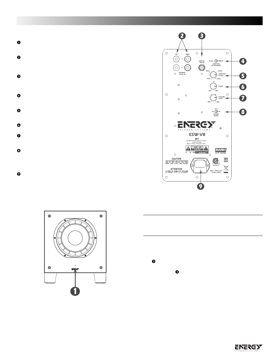Terminologi og indstillinger, Tilslutning af energy subwoofer | Energy Speaker Systems ESW-V Series User Manual | Page 18 / 32