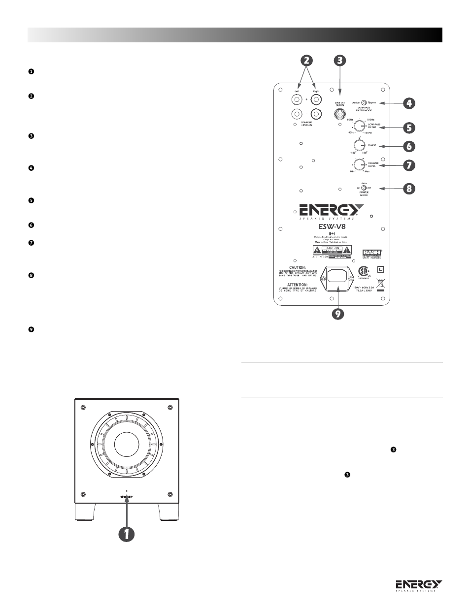 Terminologia e controlos, Conexão do subwoofer energy | Energy Speaker Systems ESW-V Series User Manual | Page 24 / 32