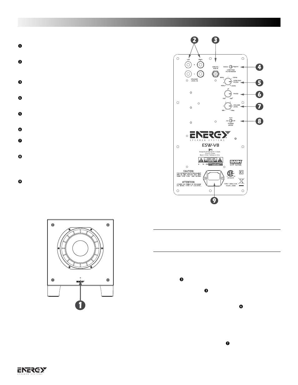 Terminology and controls, Connecting your energy subwoofer | Energy Speaker Systems ESW-V Series User Manual | Page 3 / 32