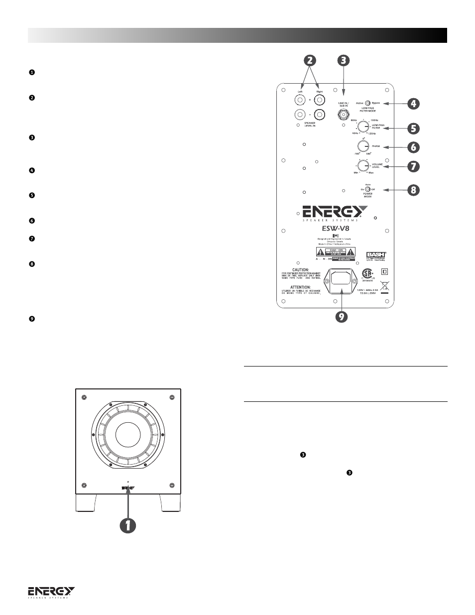 Terminología y controles, Conexión de su bafle energy | Energy Speaker Systems ESW-V Series User Manual | Page 9 / 32