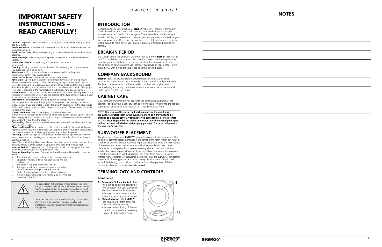 Important safety instructions – read carefully, Introduction, Break-in period | Company background, Cabinet care, Subwoofer placement, Terminology and controls | Energy Speaker Systems S8.3 User Manual | Page 2 / 8