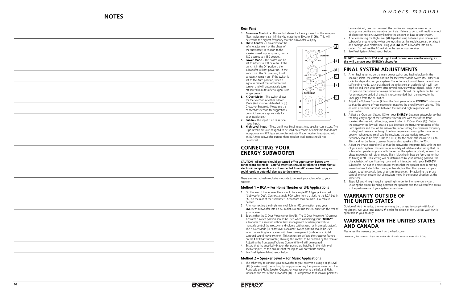 Connecting your energy subwoofer, Final system adjustments, Warranty outside of the united states | Warranty for the united states and canada, Rear panel, Method 2 – speaker level – for music applications | Energy Speaker Systems S8.3 User Manual | Page 3 / 8