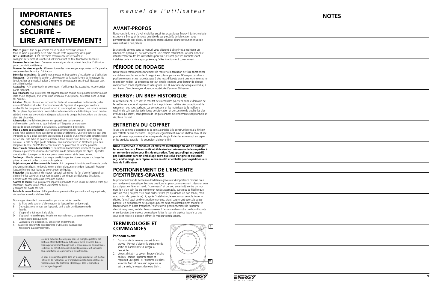 Avant-propos, Période de rodage, Energy: un bref historique | Entretien du coffret, Positionnement de l'enceinte d'extrêmes-graves, Terminologie et commandes | Energy Speaker Systems S8.3 User Manual | Page 4 / 8