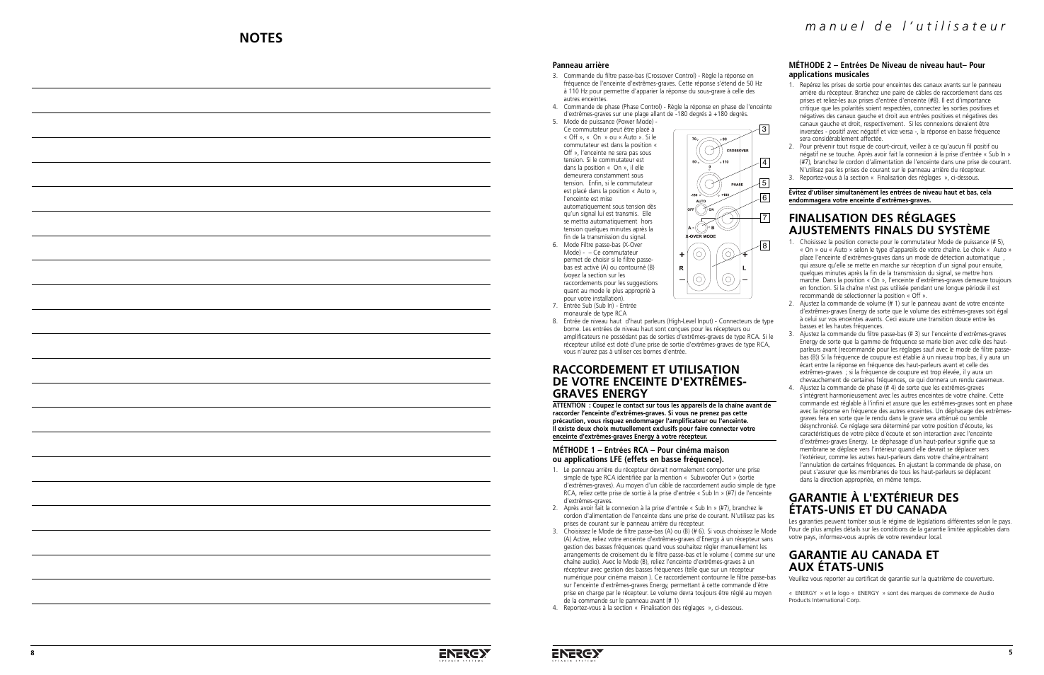 Garantie à l'extérieur des états-unis et du canada, Garantie au canada et aux états-unis | Energy Speaker Systems S8.3 User Manual | Page 5 / 8
