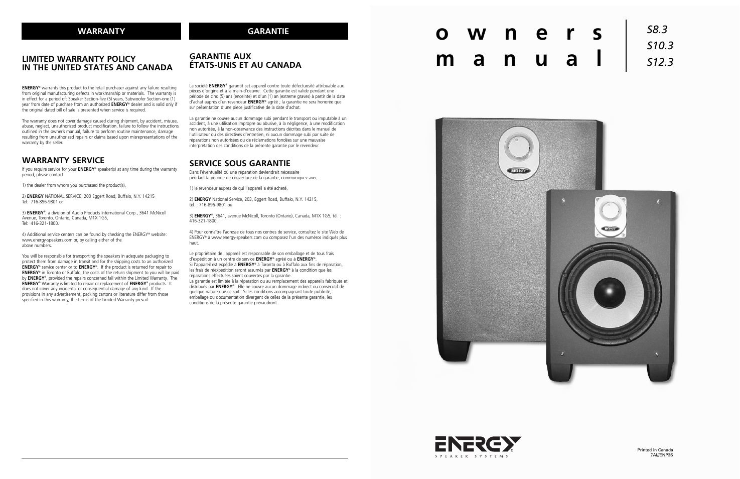 Garantie, Warranty service, Garantie aux états-unis et au canada | Service sous garantie, Warranty garantie | Energy Speaker Systems S8.3 User Manual | Page 8 / 8