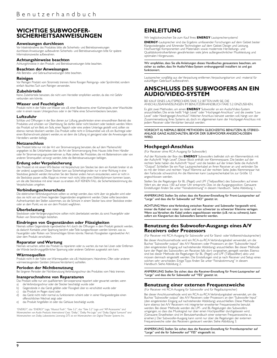 Wichtige subwoofer- sicherheitsanweisungen, Einleitung, Anschluss des subwoofers an ein audio/video-system | Hochpegel-anschluss, Benutzung einer externen frequenzweiche | Energy Speaker Systems S8.2 User Manual | Page 10 / 21