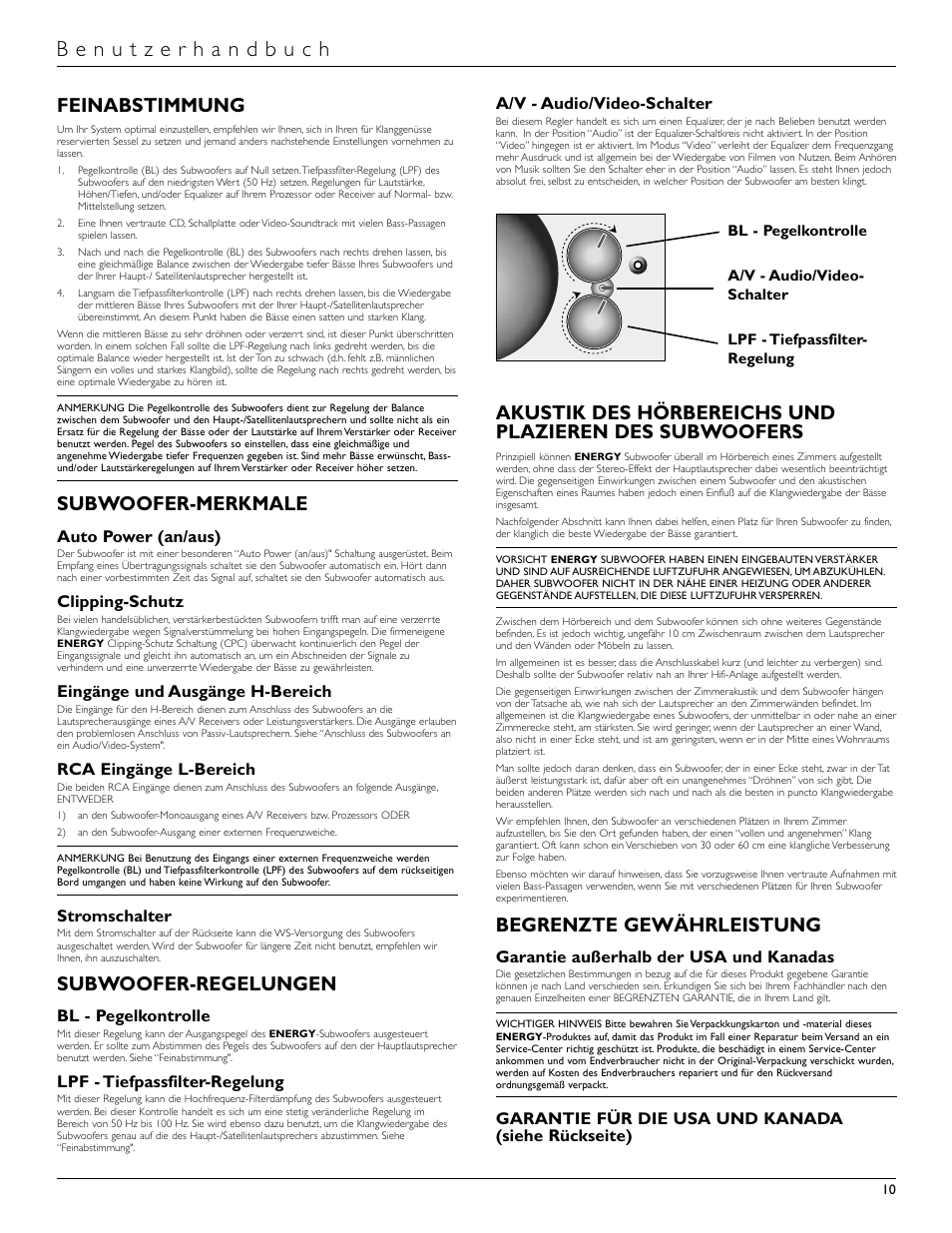 Feinabstimmung, Subwoofer-merkmale, Subwoofer-regelungen | Begrenzte gewährleistung, Auto power (an/aus), Clipping-schutz, Eingänge und ausgänge h-bereich, Rca eingänge l-bereich, Stromschalter, Bl - pegelkontrolle | Energy Speaker Systems S8.2 User Manual | Page 11 / 21