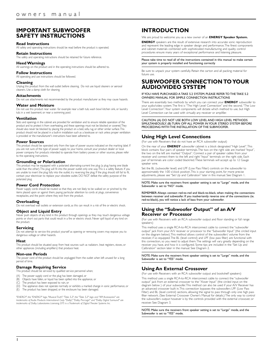 Important subwoofer safety instructions, Introduction, Subwoofer connection to your audio/video system | Using high level connections, Using an external crossover | Energy Speaker Systems S8.2 User Manual | Page 2 / 21