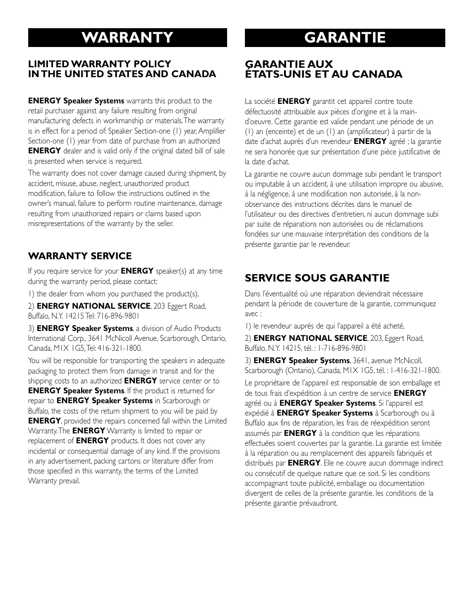 Warranty, Garantie | Energy Speaker Systems S8.2 User Manual | Page 21 / 21