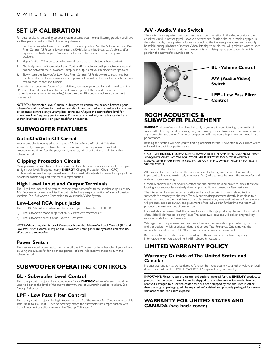 Set up calibration, Subwoofer features, Subwoofer operating controls | Room acoustics & subwoofer placement, Limited warranty policy, Auto-on/auto-off circuit, Clipping protection circuit, High level input and output terminals, Low-level rca input jacks, Power switch | Energy Speaker Systems S8.2 User Manual | Page 3 / 21