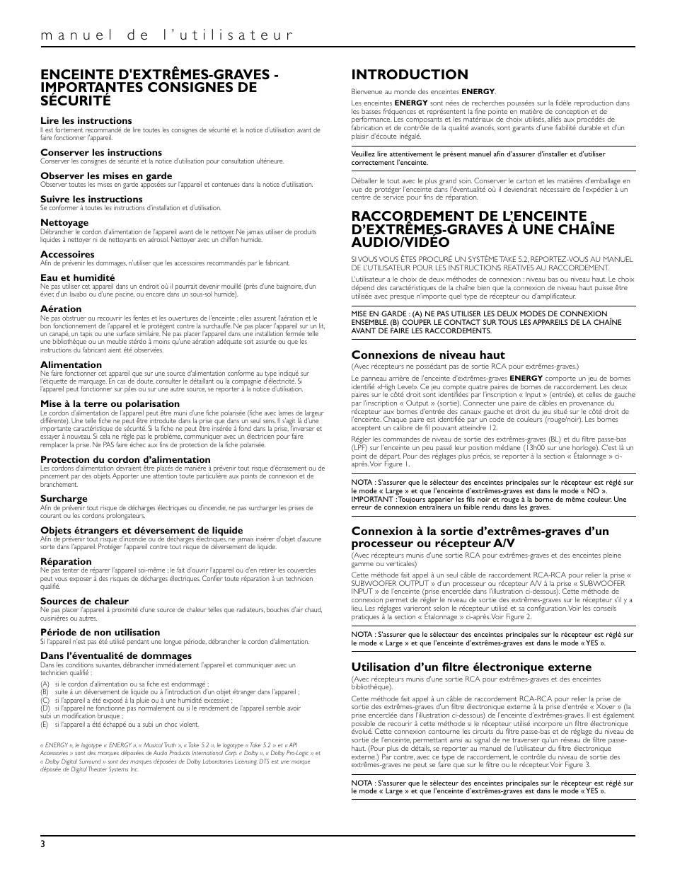 Introduction, Connexions de niveau haut, Utilisation d’un filtre électronique externe | Energy Speaker Systems S8.2 User Manual | Page 4 / 21