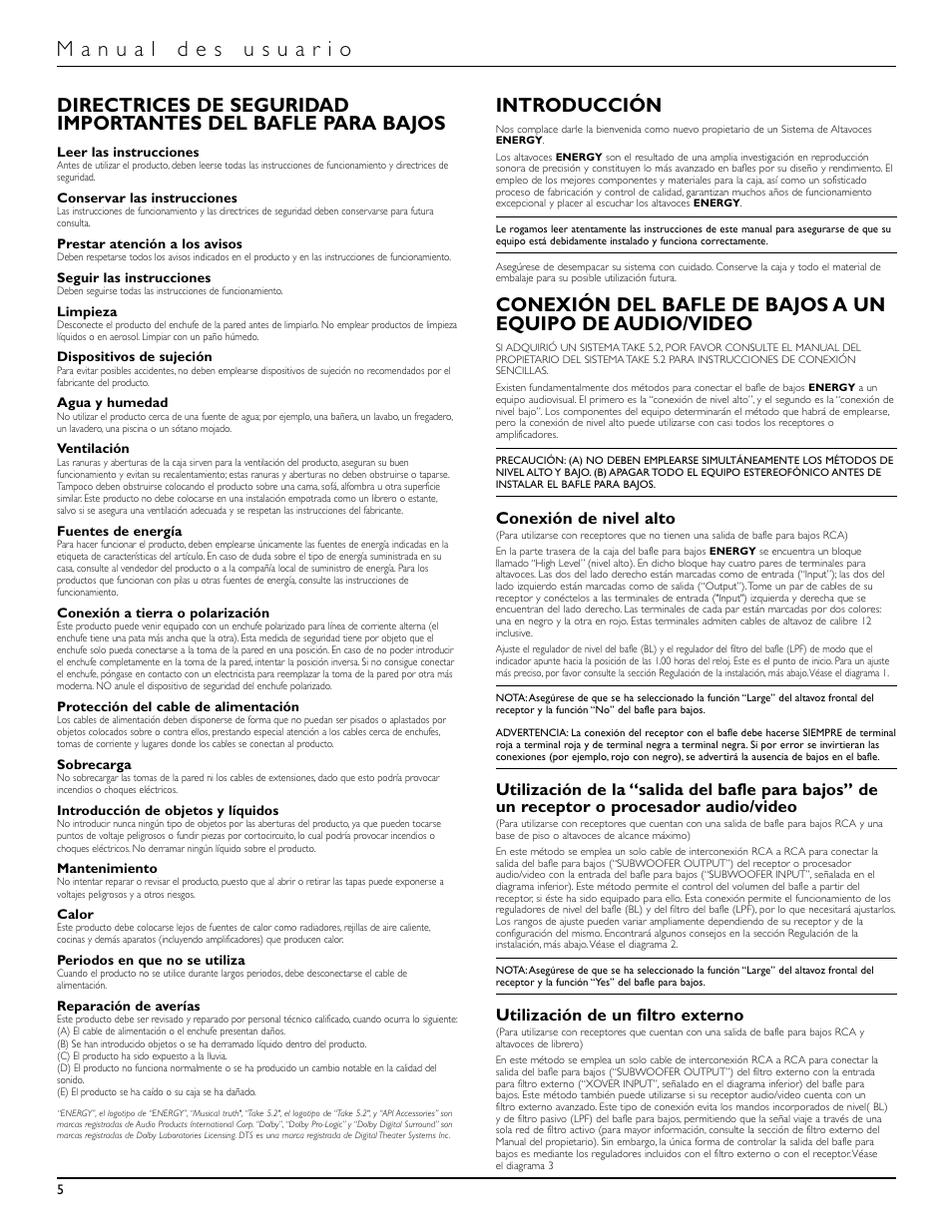 Introducción, Conexión de nivel alto, Utilización de un filtro externo | Energy Speaker Systems S8.2 User Manual | Page 6 / 21