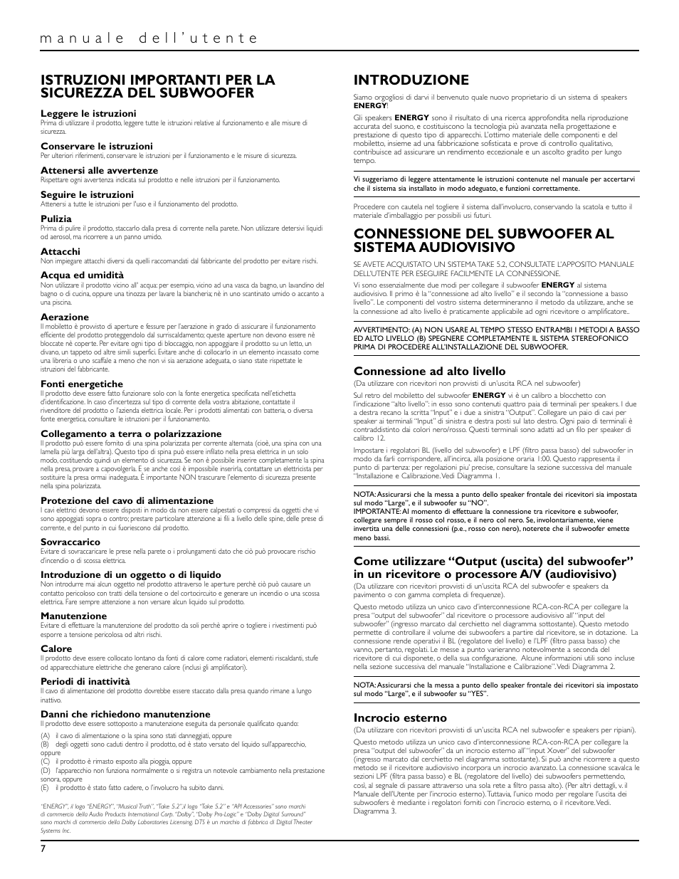 Introduzione, Connessione del subwoofer al sistema audiovisivo, Connessione ad alto livello | Incrocio esterno | Energy Speaker Systems S8.2 User Manual | Page 8 / 21