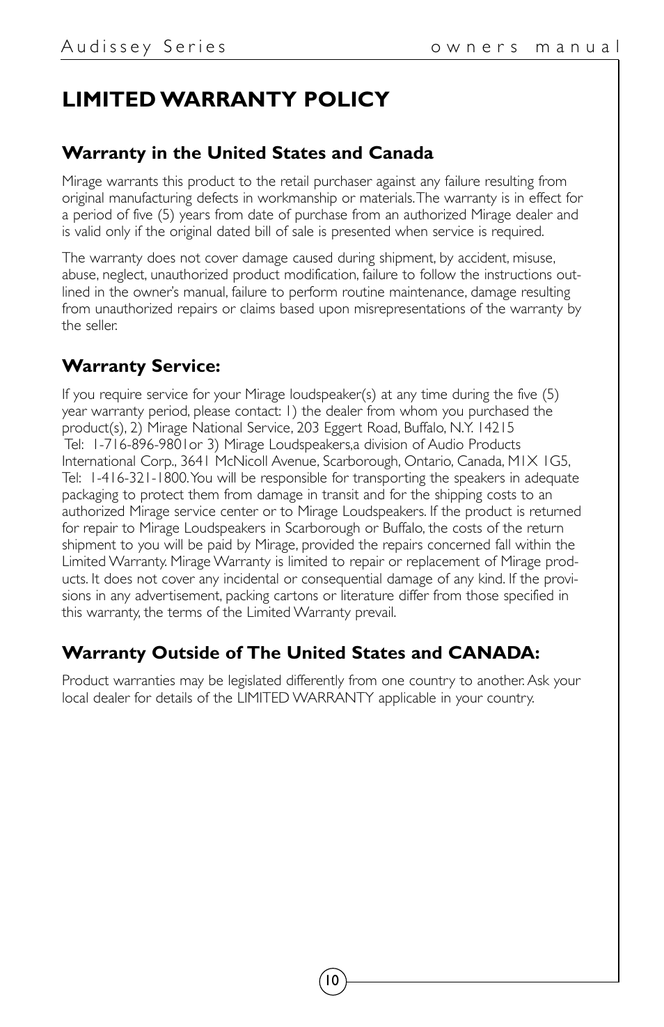 Limited warranty policy | Energy Speaker Systems Audissey Series User Manual | Page 11 / 12