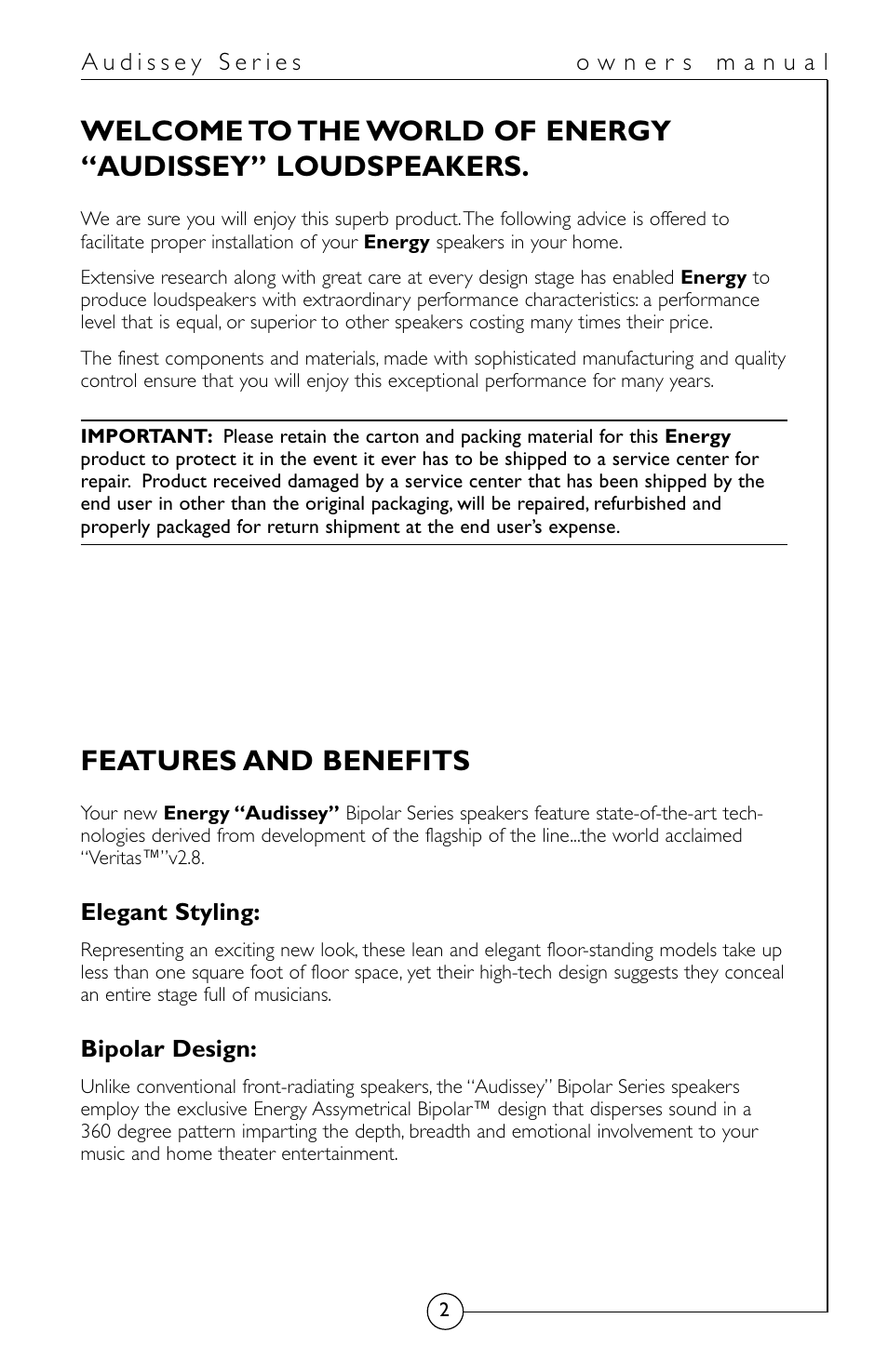 Features and benefits | Energy Speaker Systems Audissey Series User Manual | Page 3 / 12