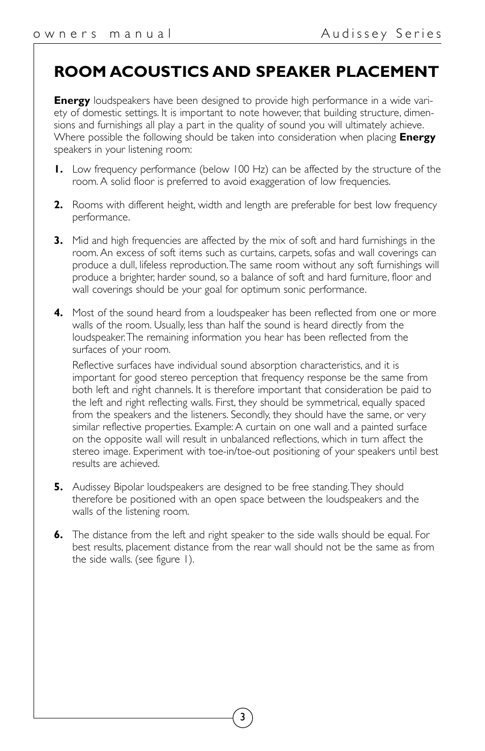 Room acoustics and speaker placement | Energy Speaker Systems Audissey Series User Manual | Page 4 / 12