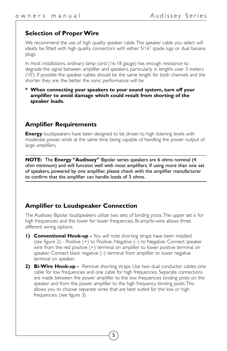 Selection of proper wire, Amplifier requirements, Amplifier to loudspeaker connection | Energy Speaker Systems Audissey Series User Manual | Page 6 / 12