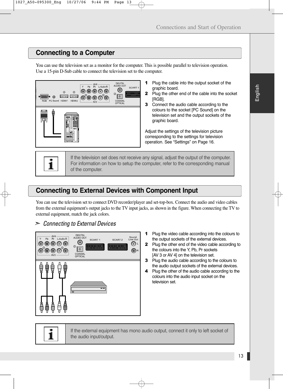 Connecting to a computer, Connecting to external devices, Connections and start of operation | Energy Speaker Systems LTV46DA User Manual | Page 15 / 48
