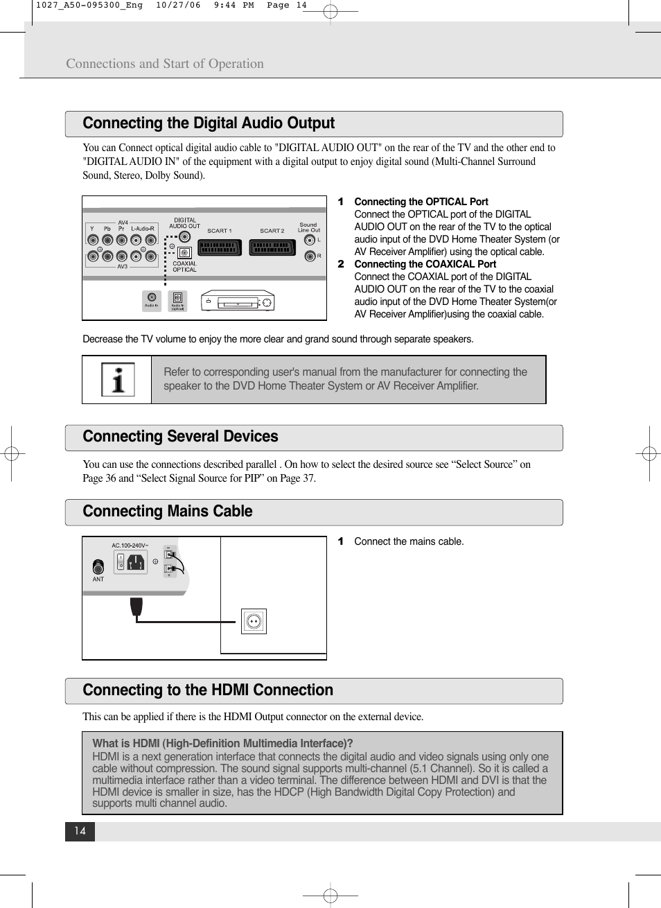 Connecting the digital audio output | Energy Speaker Systems LTV46DA User Manual | Page 16 / 48