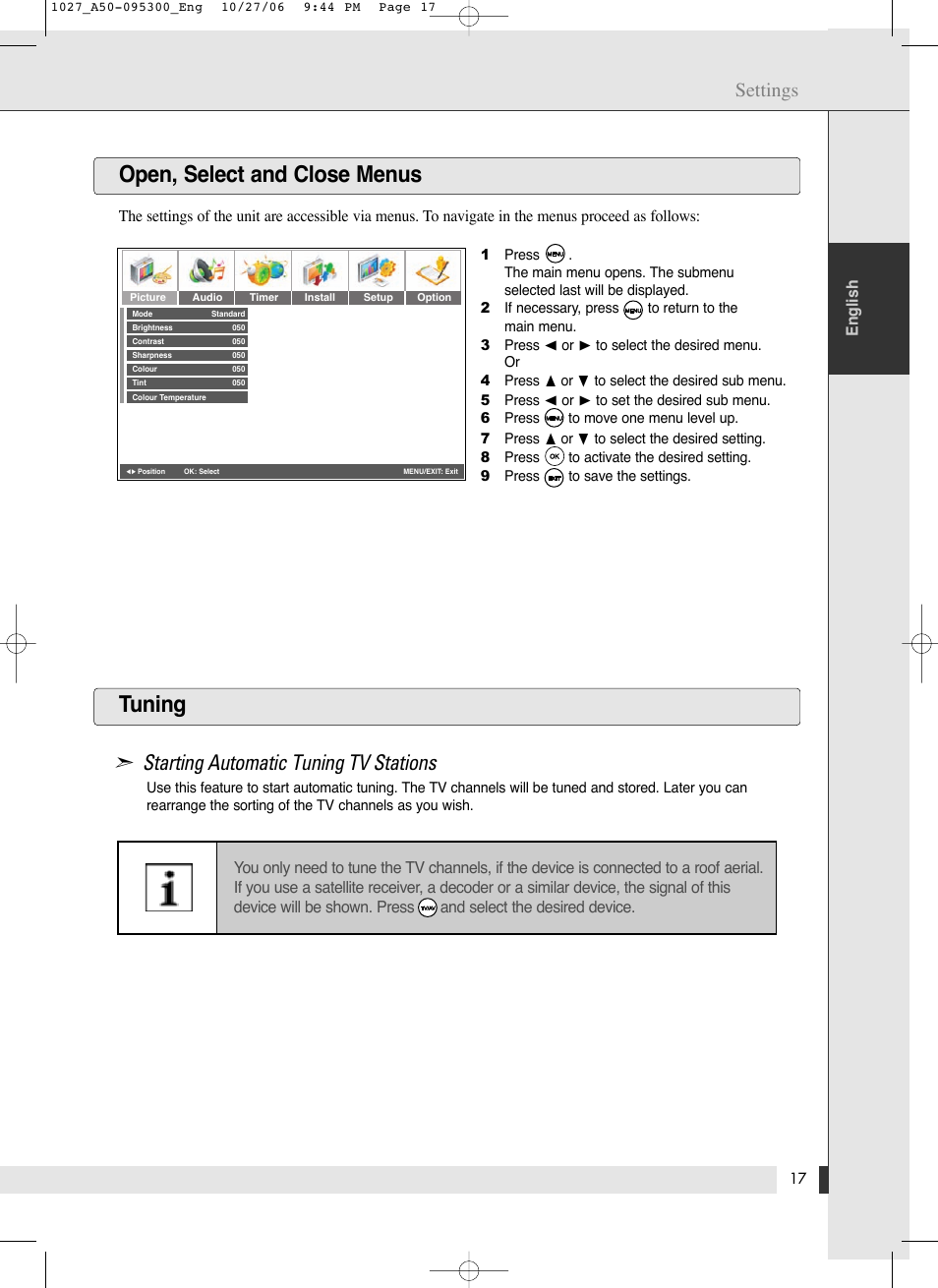Open, select and close menus tuning, Starting automatic tuning tv stations, Settings | Energy Speaker Systems LTV46DA User Manual | Page 19 / 48