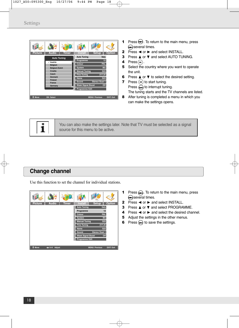 Change channel, Settings | Energy Speaker Systems LTV46DA User Manual | Page 20 / 48