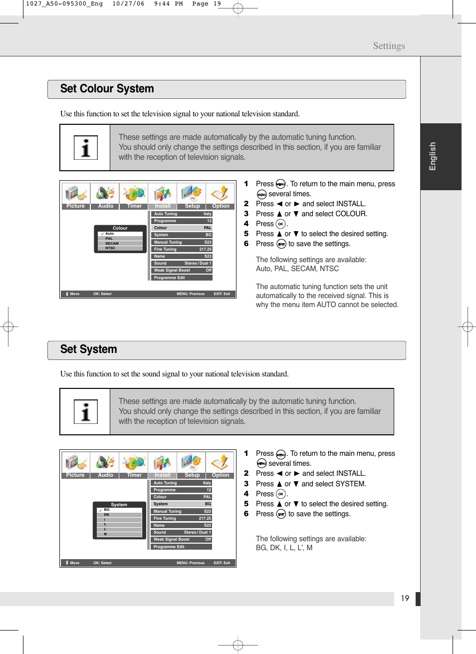 Set colour system set system, Settings, English | Energy Speaker Systems LTV46DA User Manual | Page 21 / 48