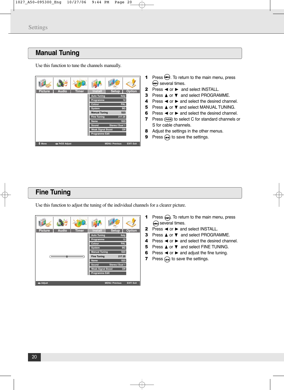 Manual tuning fine tuning, Settings, Use this function to tune the channels manually | Energy Speaker Systems LTV46DA User Manual | Page 22 / 48