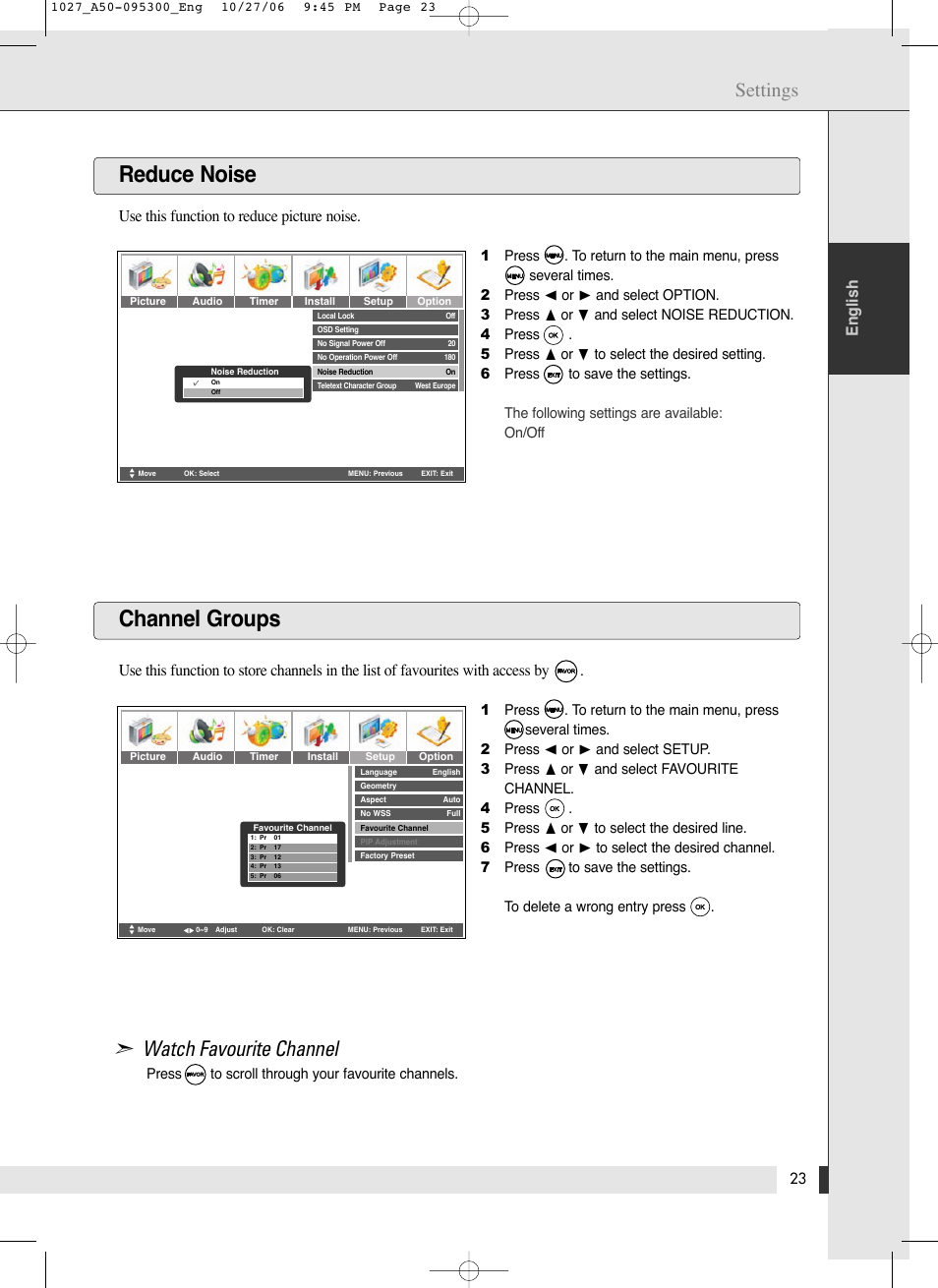 Reduce noise channel groups, Watch favourite channel, Settings | Use this function to reduce picture noise, English, Press to scroll through your favourite channels | Energy Speaker Systems LTV46DA User Manual | Page 25 / 48