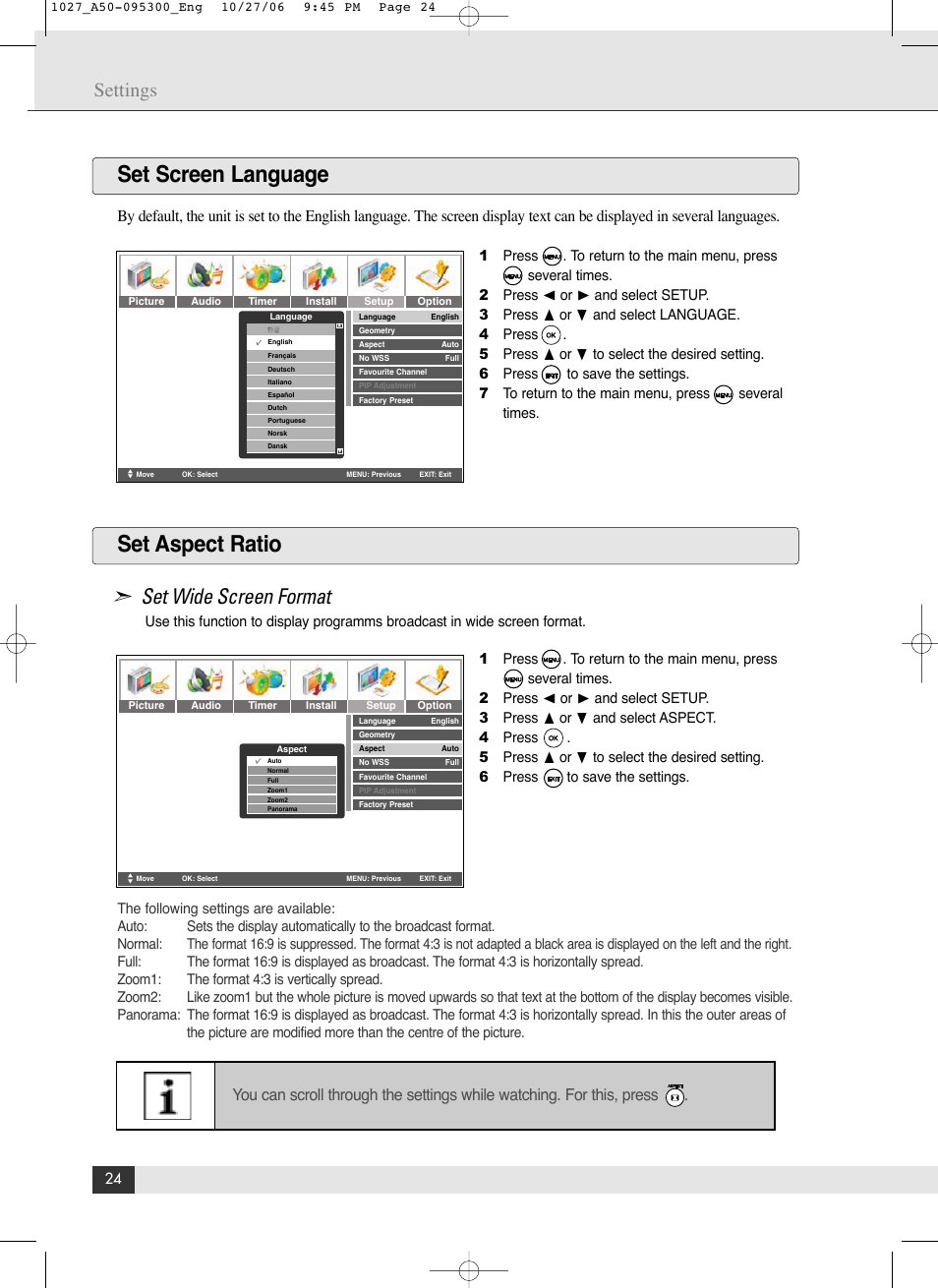 Set screen language set aspect ratio, Set wide screen format, Settings | Energy Speaker Systems LTV46DA User Manual | Page 26 / 48