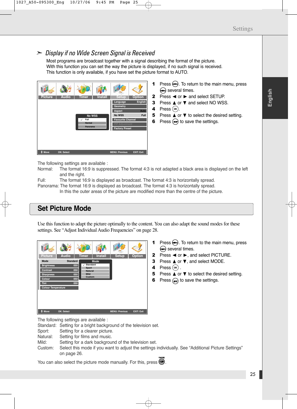 Set picture mode, Display if no wide screen signal is received, Settings | English | Energy Speaker Systems LTV46DA User Manual | Page 27 / 48