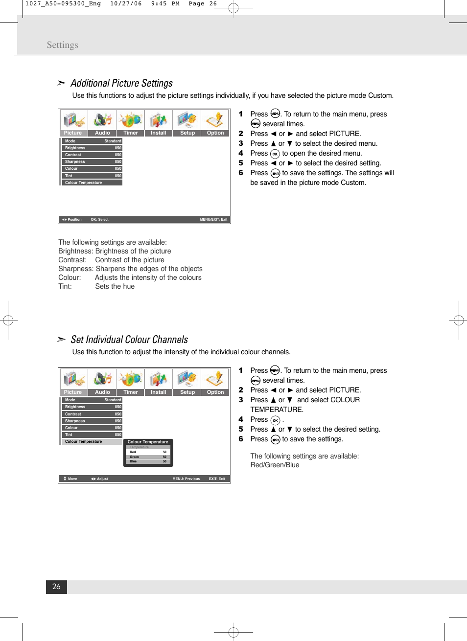 Additional picture settings, Set individual colour channels, Settings | Energy Speaker Systems LTV46DA User Manual | Page 28 / 48