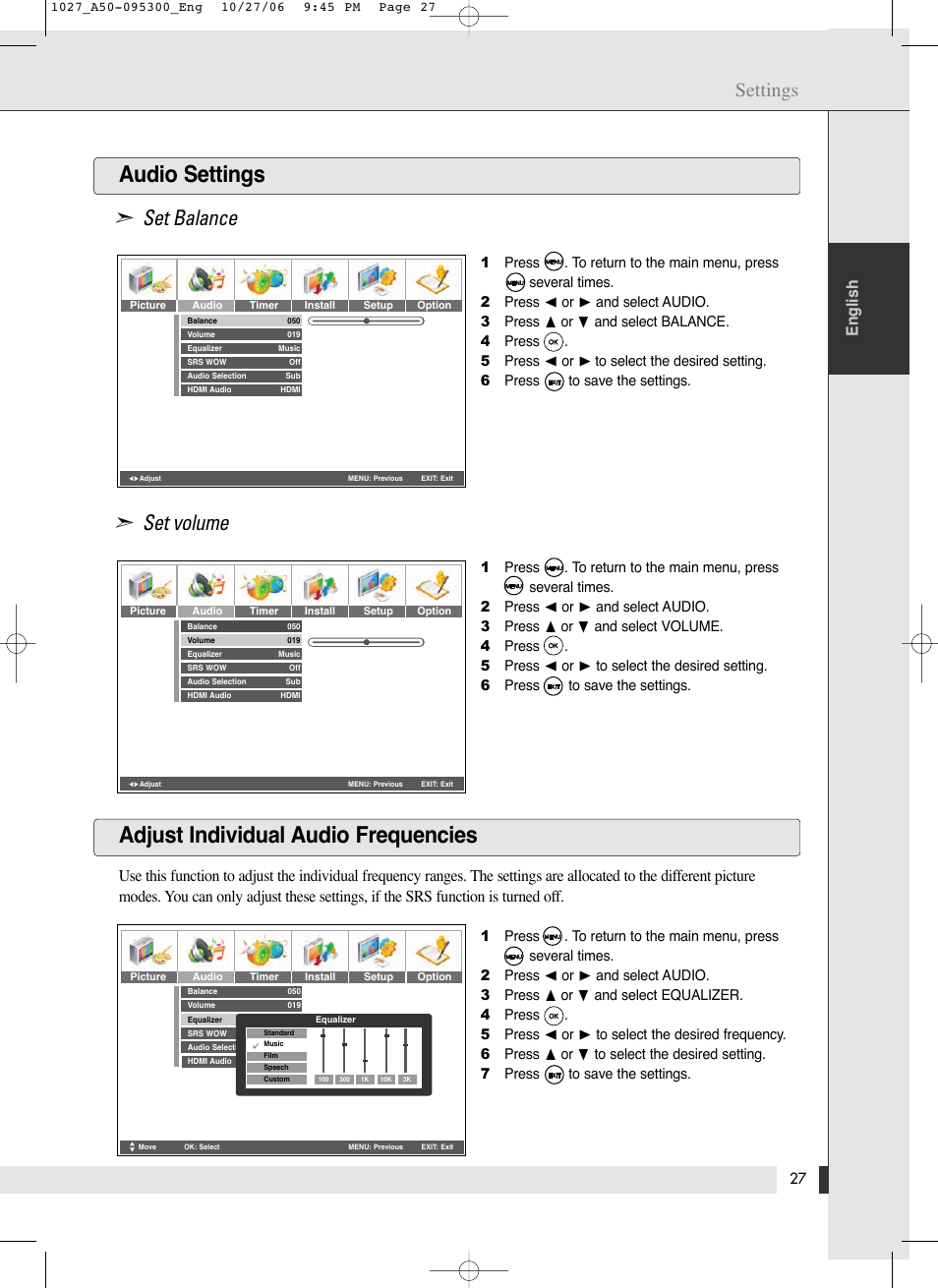 Audio settings, Adjust individual audio frequencies, Set balance | Set volume, Settings, English | Energy Speaker Systems LTV46DA User Manual | Page 29 / 48