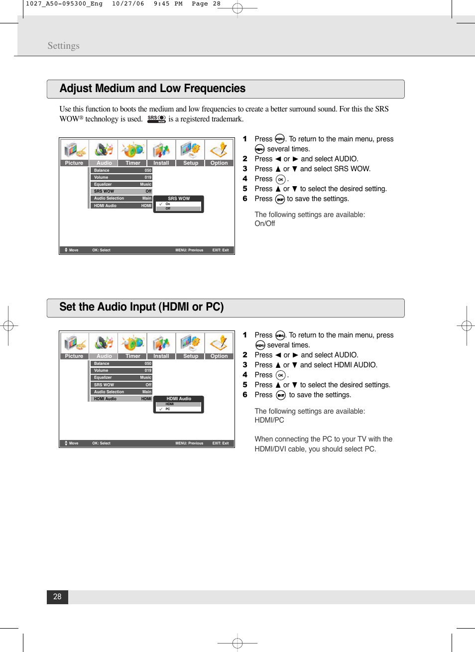 Adjust medium and low frequencies, Set the audio input (hdmi or pc), Settings | Technology is used. is a registered trademark | Energy Speaker Systems LTV46DA User Manual | Page 30 / 48