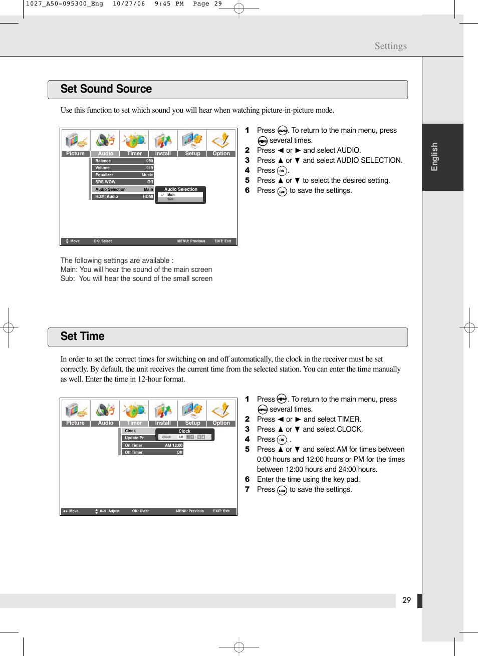 Set sound source set time, Settings, English | Energy Speaker Systems LTV46DA User Manual | Page 31 / 48