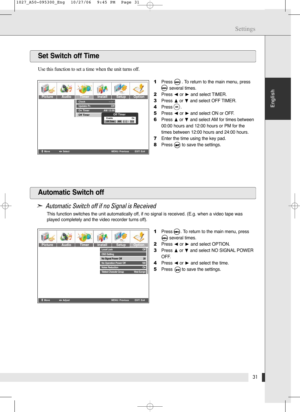 Set switch off time automatic switch off, Automatic switch off if no signal is received, Settings | English | Energy Speaker Systems LTV46DA User Manual | Page 33 / 48