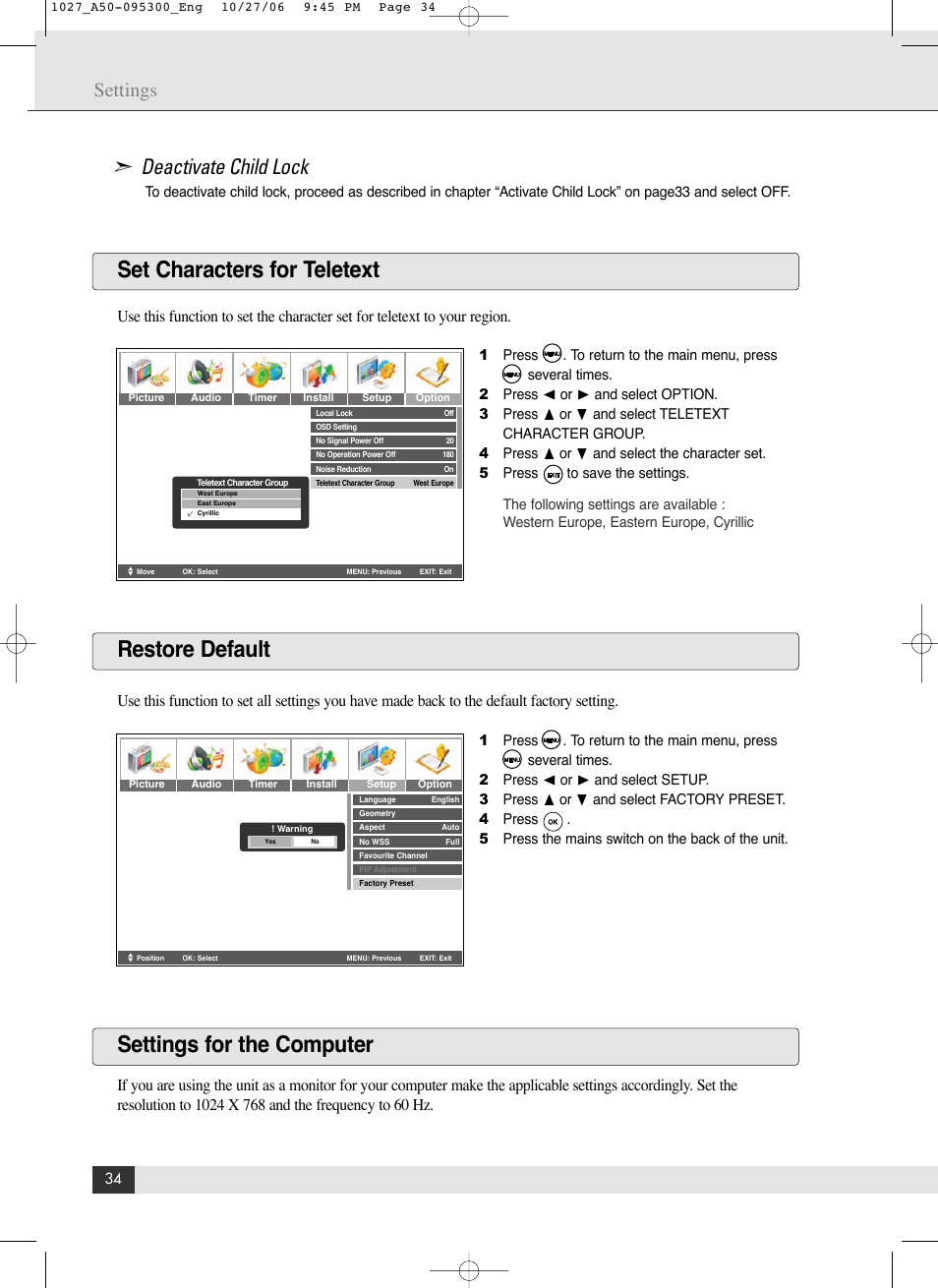 Set characters for teletext, Restore default settings for the computer, Deactivate child lock | Settings | Energy Speaker Systems LTV46DA User Manual | Page 36 / 48